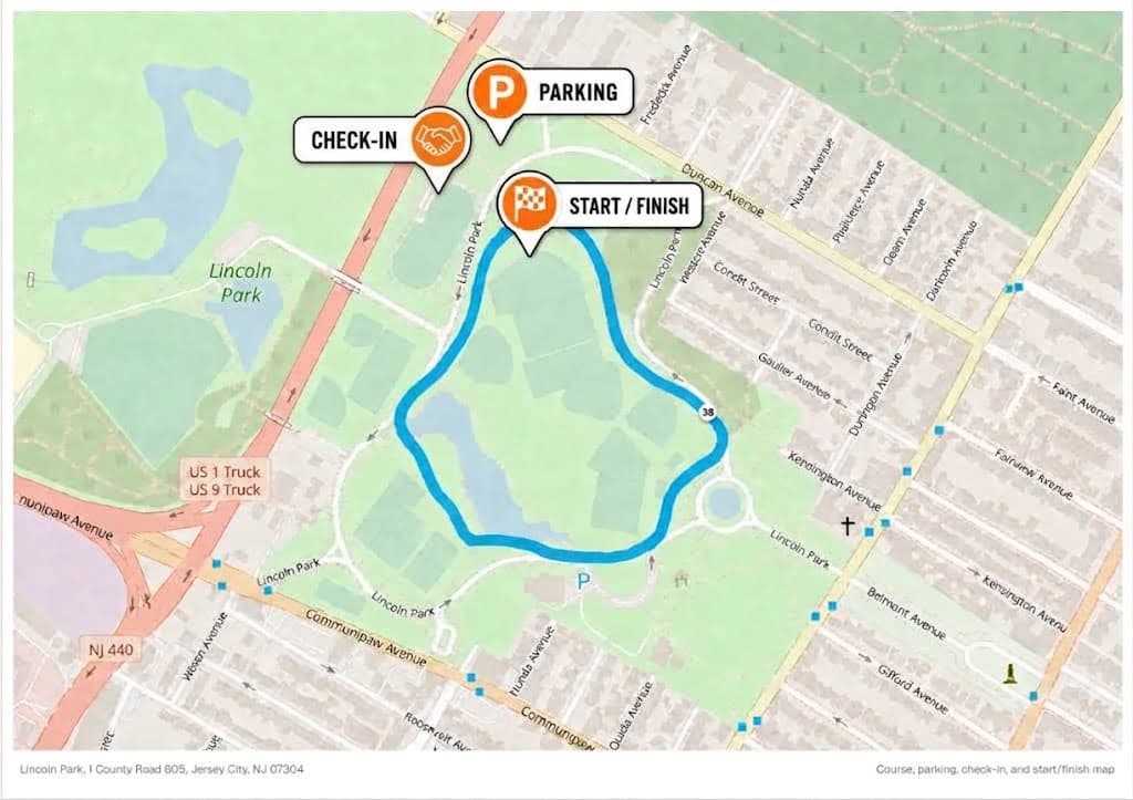 Coach Arena 5K course map showing the loop, parking, check-in, and start and finish locations in Lincoln Park
